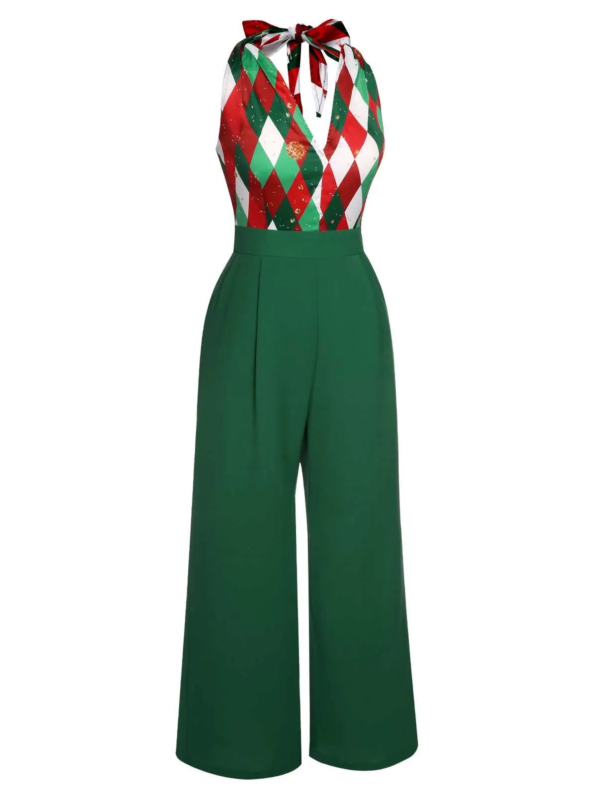 Red 1930s Christmas Plaid Lace Patchwork Jumpsuit