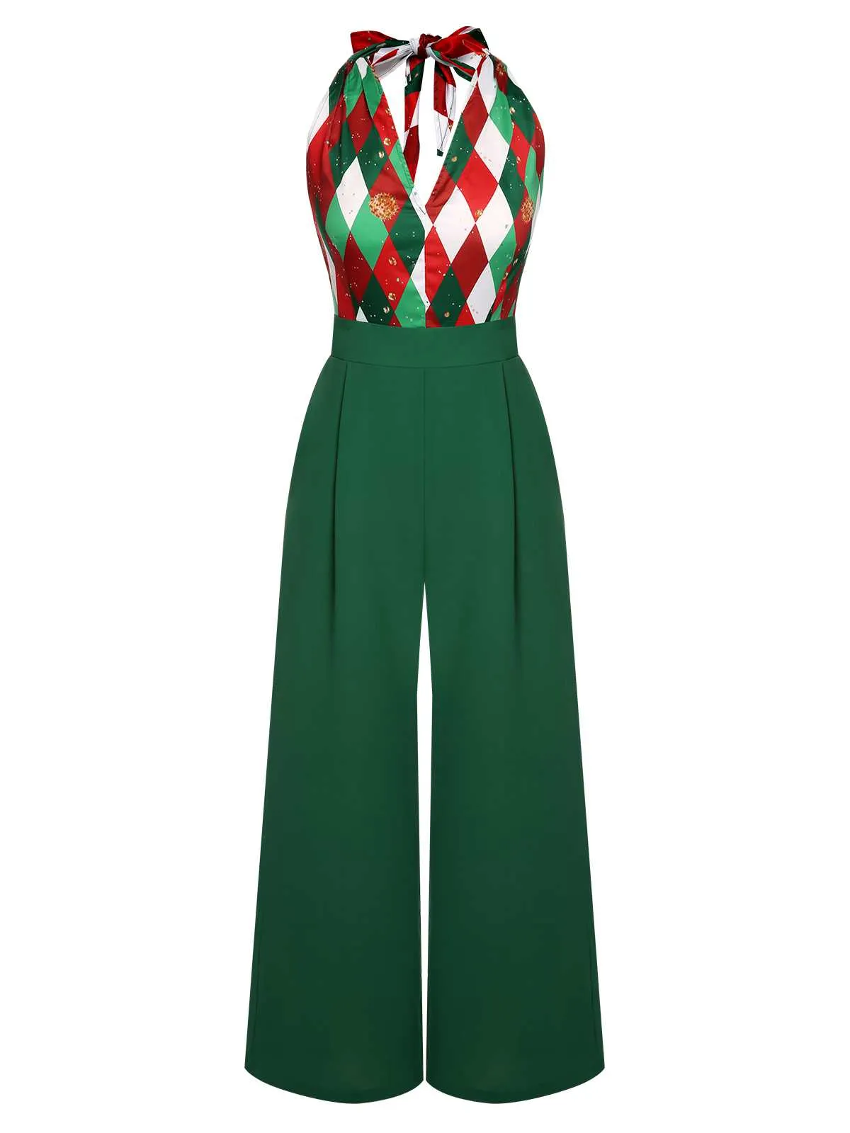 Red 1930s Christmas Plaid Lace Patchwork Jumpsuit