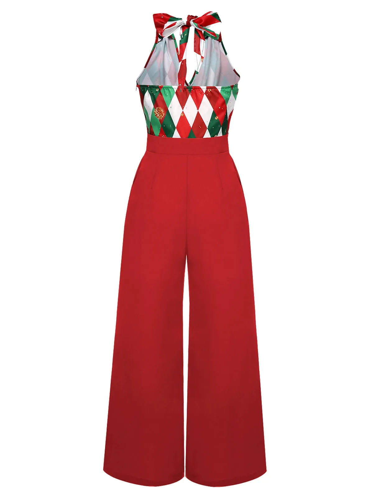 Red 1930s Christmas Plaid Lace Patchwork Jumpsuit