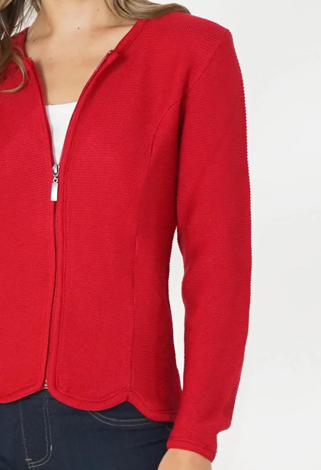 Red Cardigan with Scalloped Hem