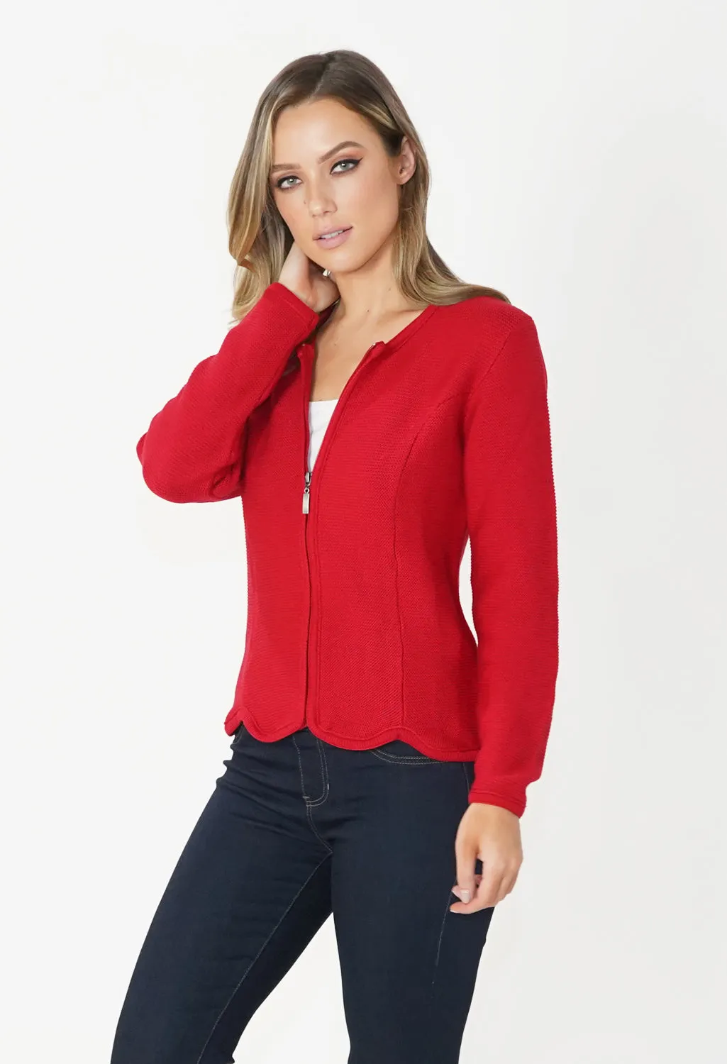 Red Cardigan with Scalloped Hem