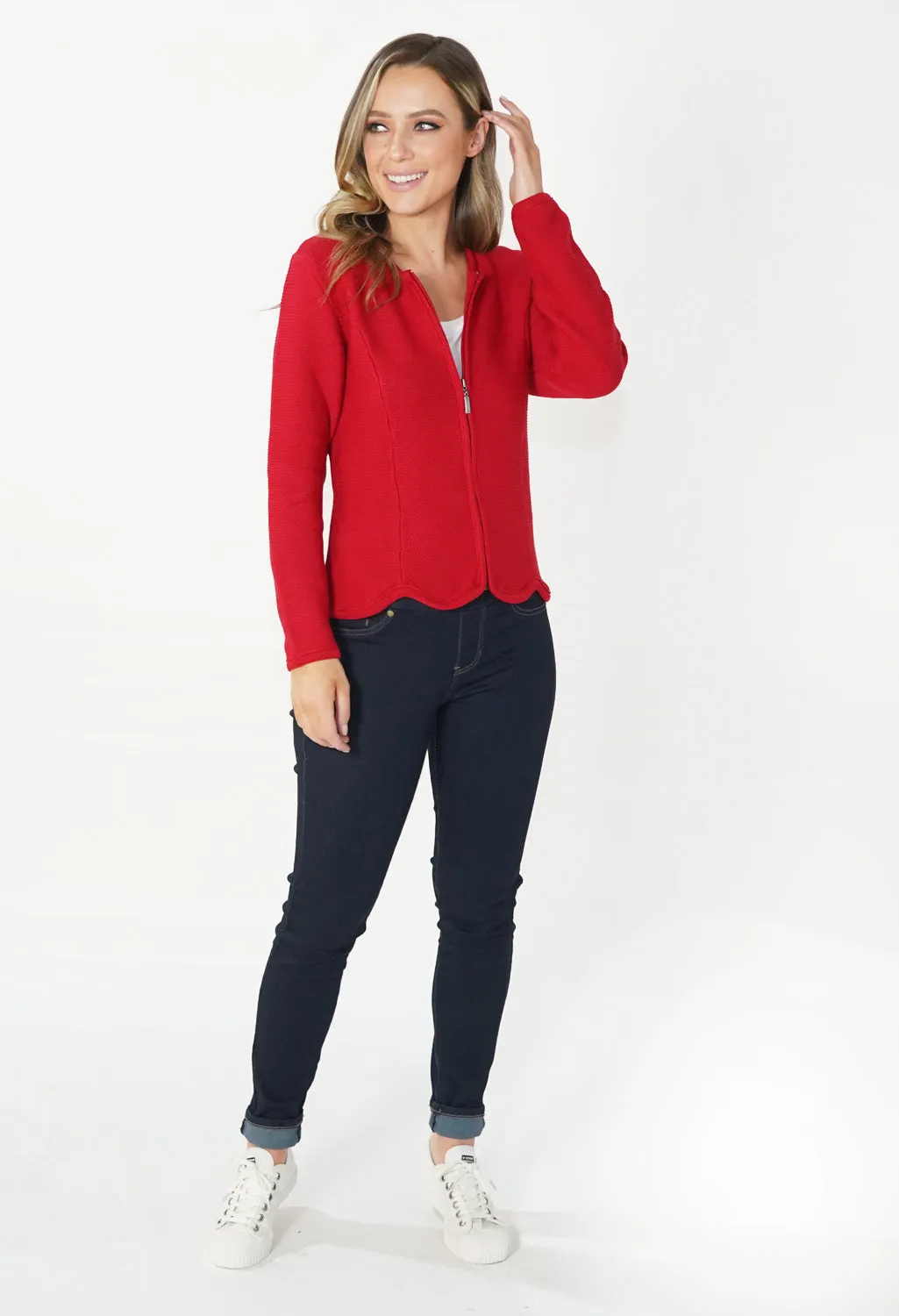 Red Cardigan with Scalloped Hem