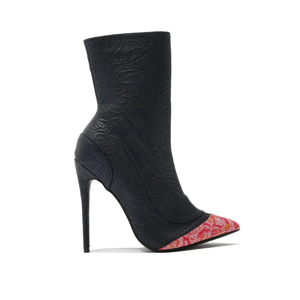 Regal Lace Up Side Embossed Ankle Boots in Navy With Printed Toe