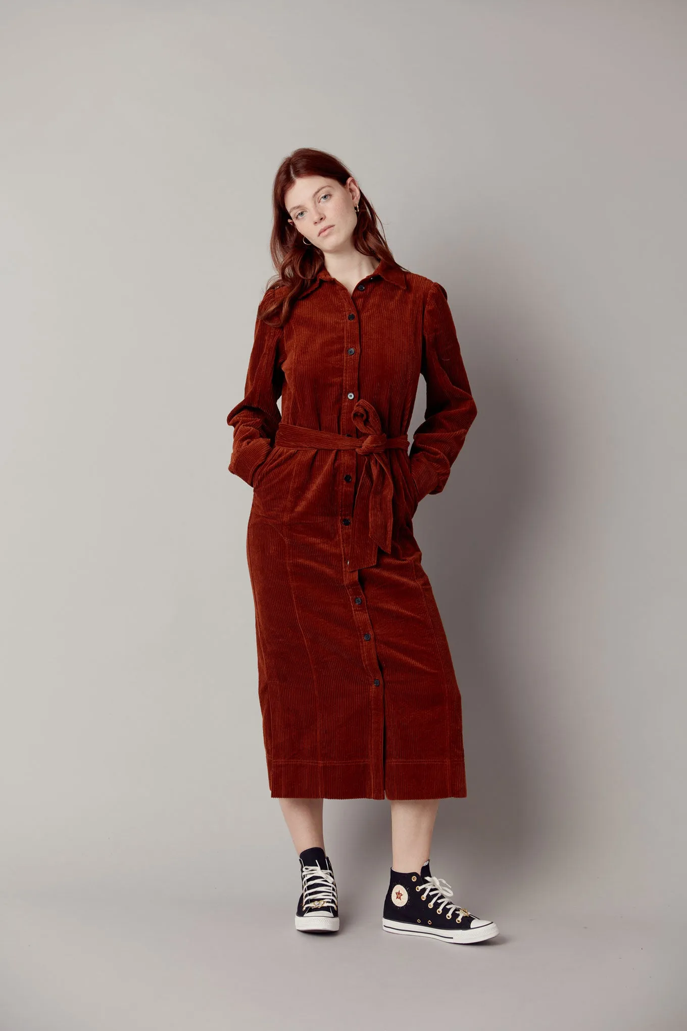 REINA - Organic Cotton Cord Dress Chestnut