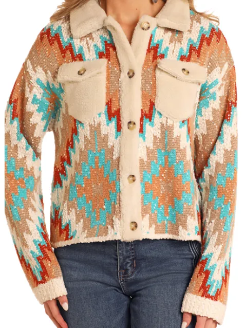 Rock and Roll Cowgirl Turquoise Aztec Button Cardigan Sweater BW32T05275