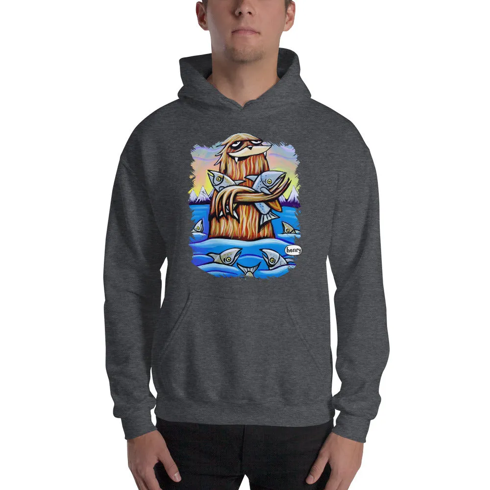 Sasquatch Hugging Salmon Dark Heathered Gray Unisex Hoodie | Wearable Art by Seattle Mural Artist Ryan "Henry" Ward