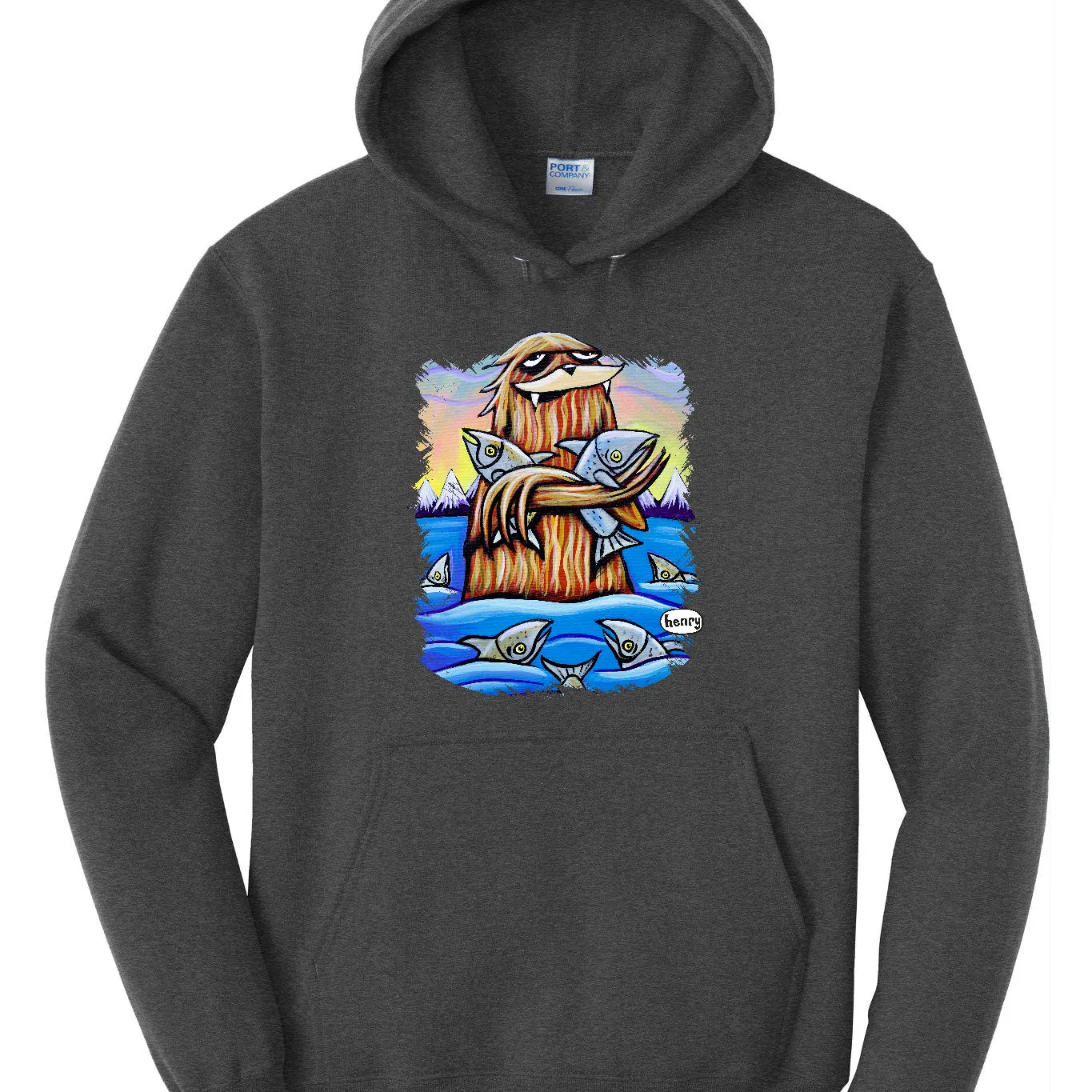 Sasquatch Hugging Salmon Dark Heathered Gray Unisex Hoodie | Wearable Art by Seattle Mural Artist Ryan "Henry" Ward