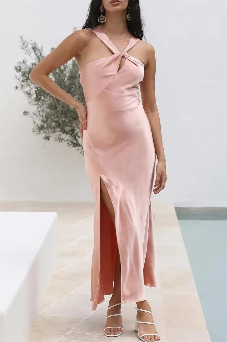 Satin Sleeveless Slit Dress #156722