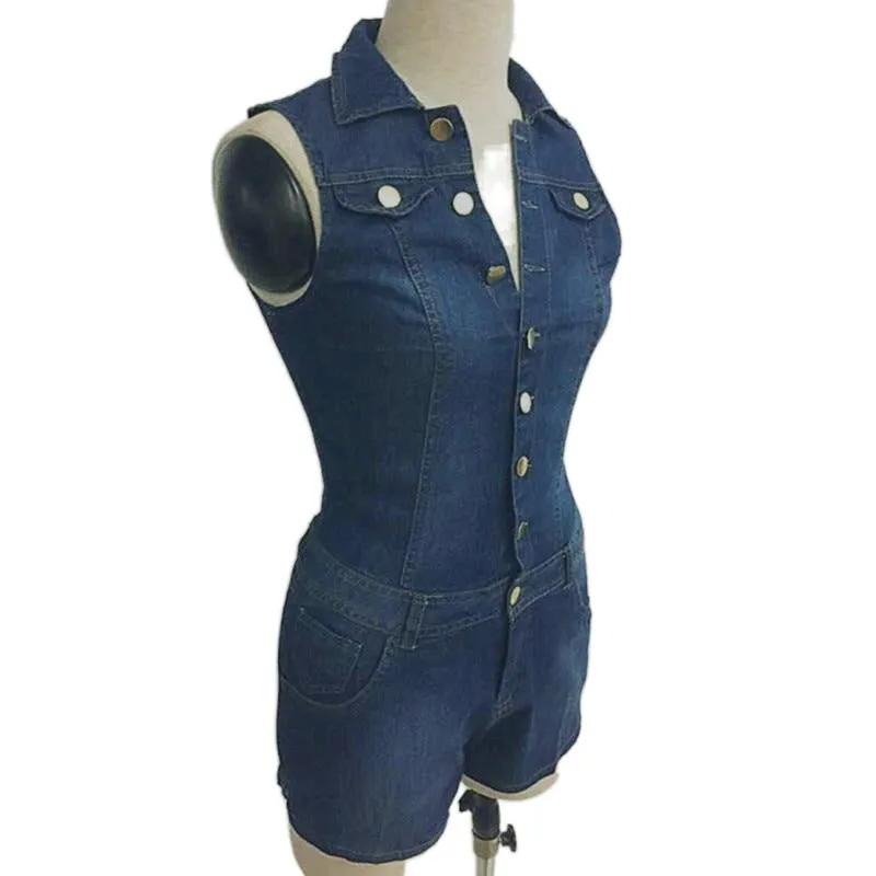 Sexy Ladies Slim Fit Sleeveless Cotton Denim Jumpsuit Blue