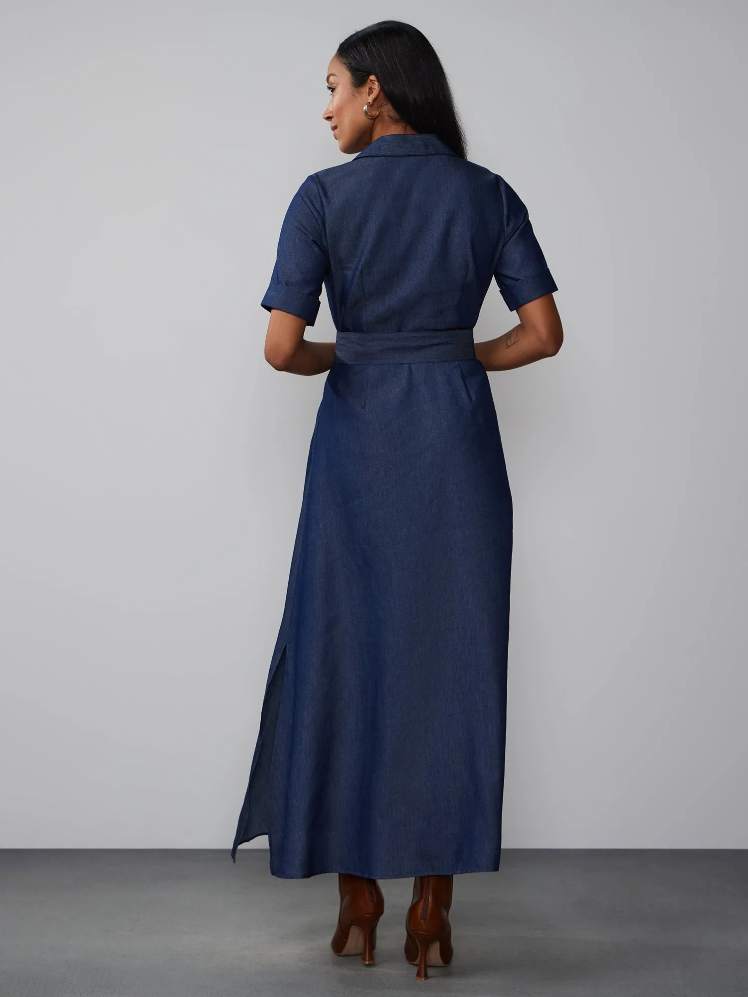 Short Sleeve Denim Belted Maxi Dress