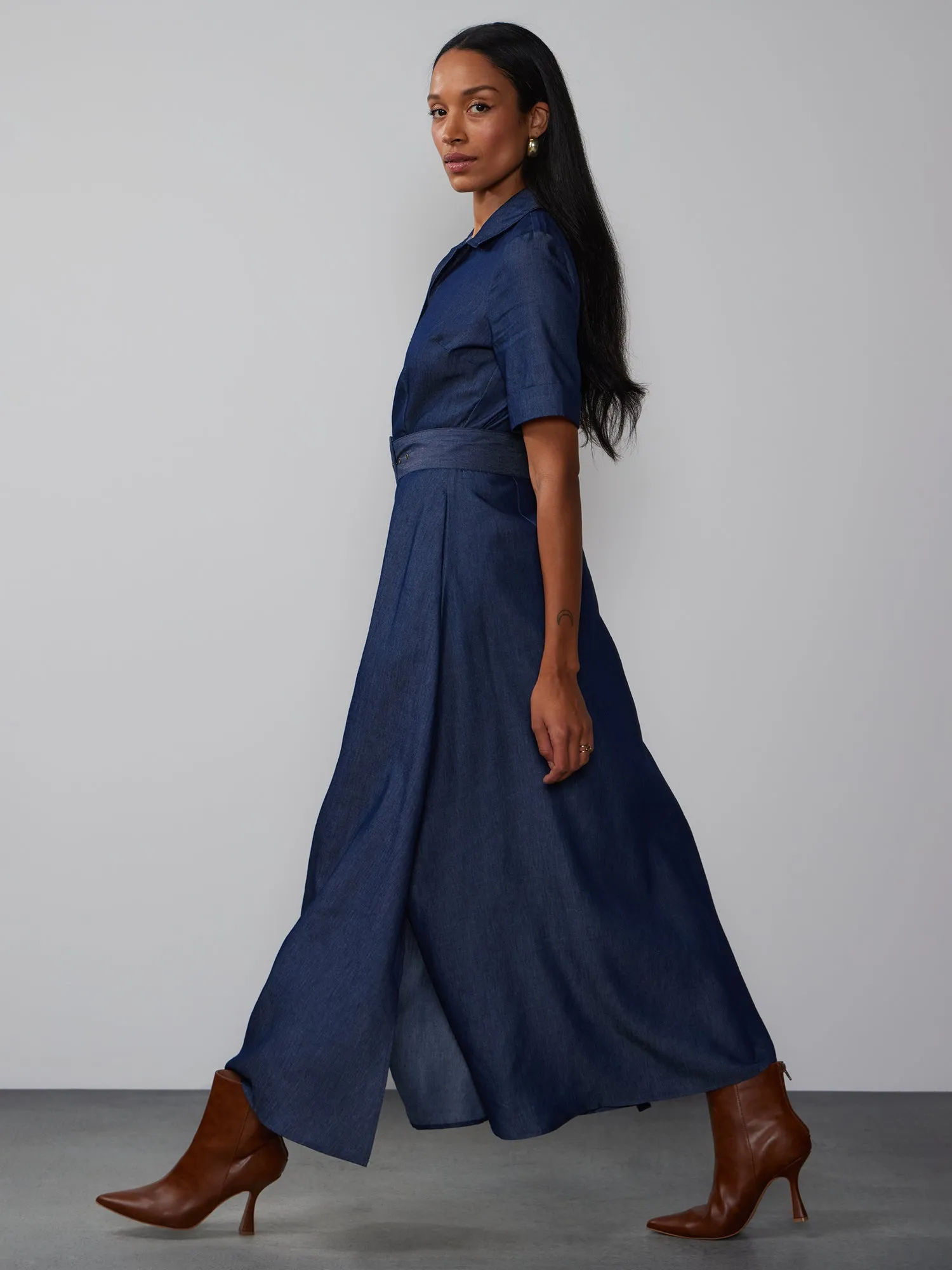 Short Sleeve Denim Belted Maxi Dress