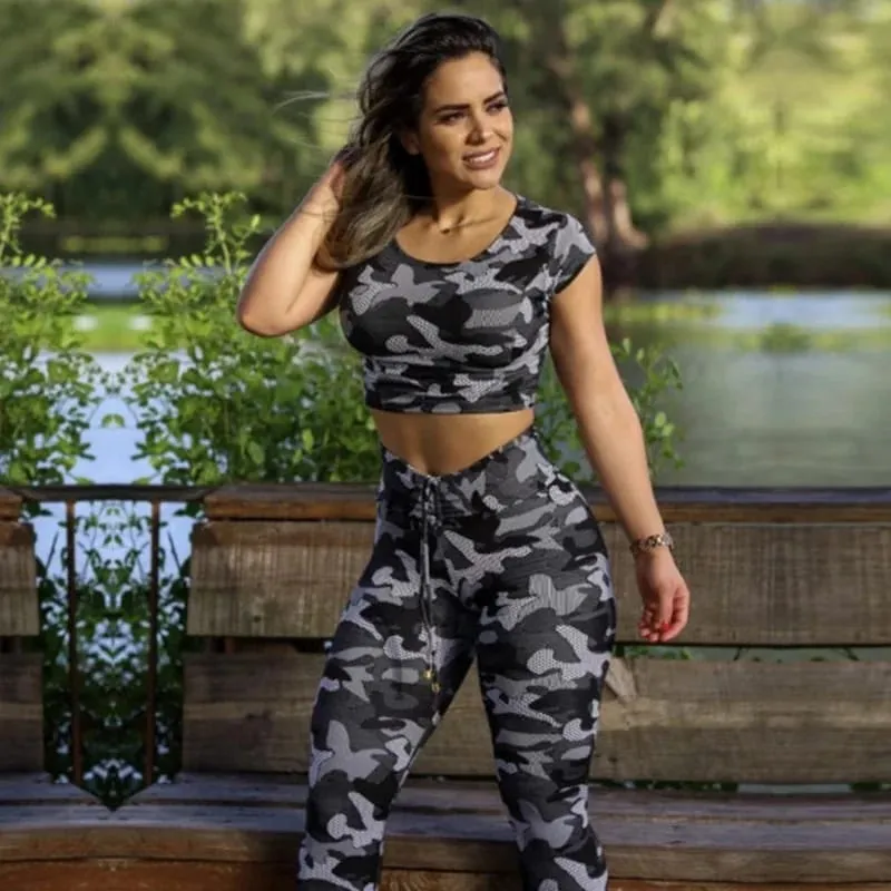 Short Sleeve High Waist T-Shirt Sweatpants Sports Two Piece Set For Women S 91788