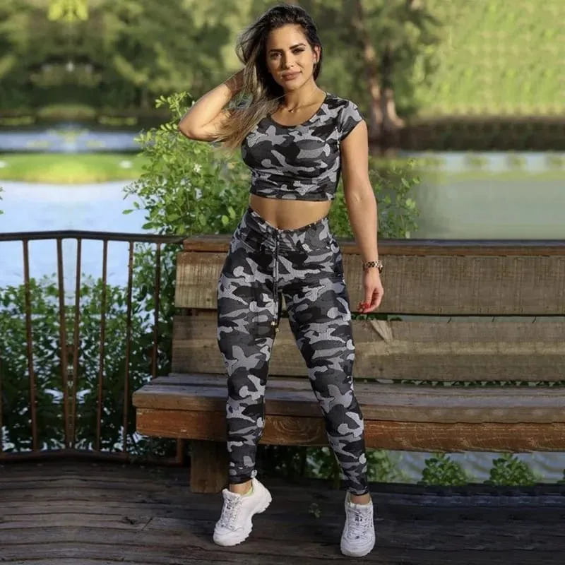 Short Sleeve High Waist T-Shirt Sweatpants Sports Two Piece Set For Women S 91788