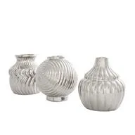 Silver Ceramic Abstract Small Textured Vase with Varying Shapes and Patterns Set of 3 - 5"W, 6"H