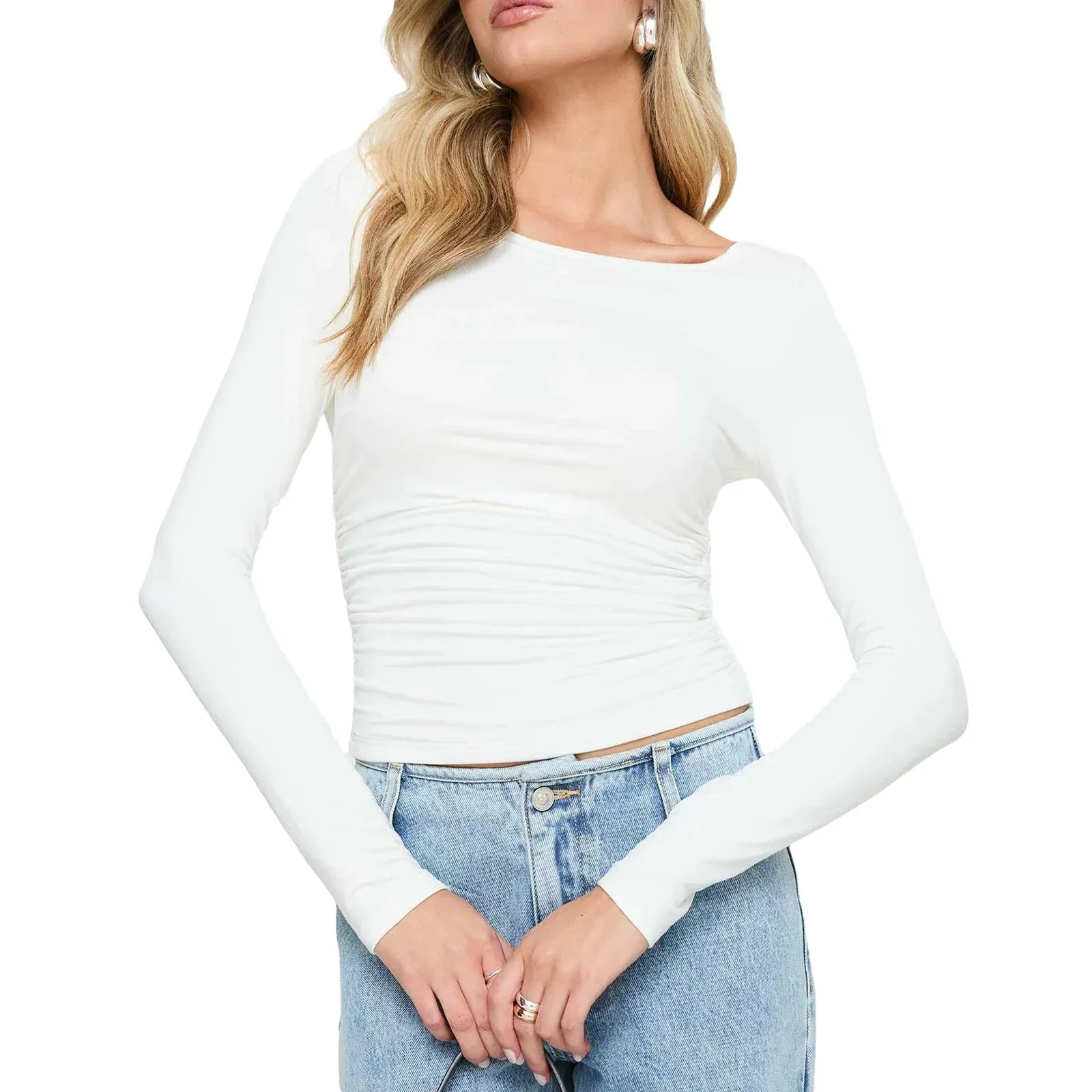 Sleeve Crew Neck Slim Fit Tight Basic Going Out Crop Long T-shirt