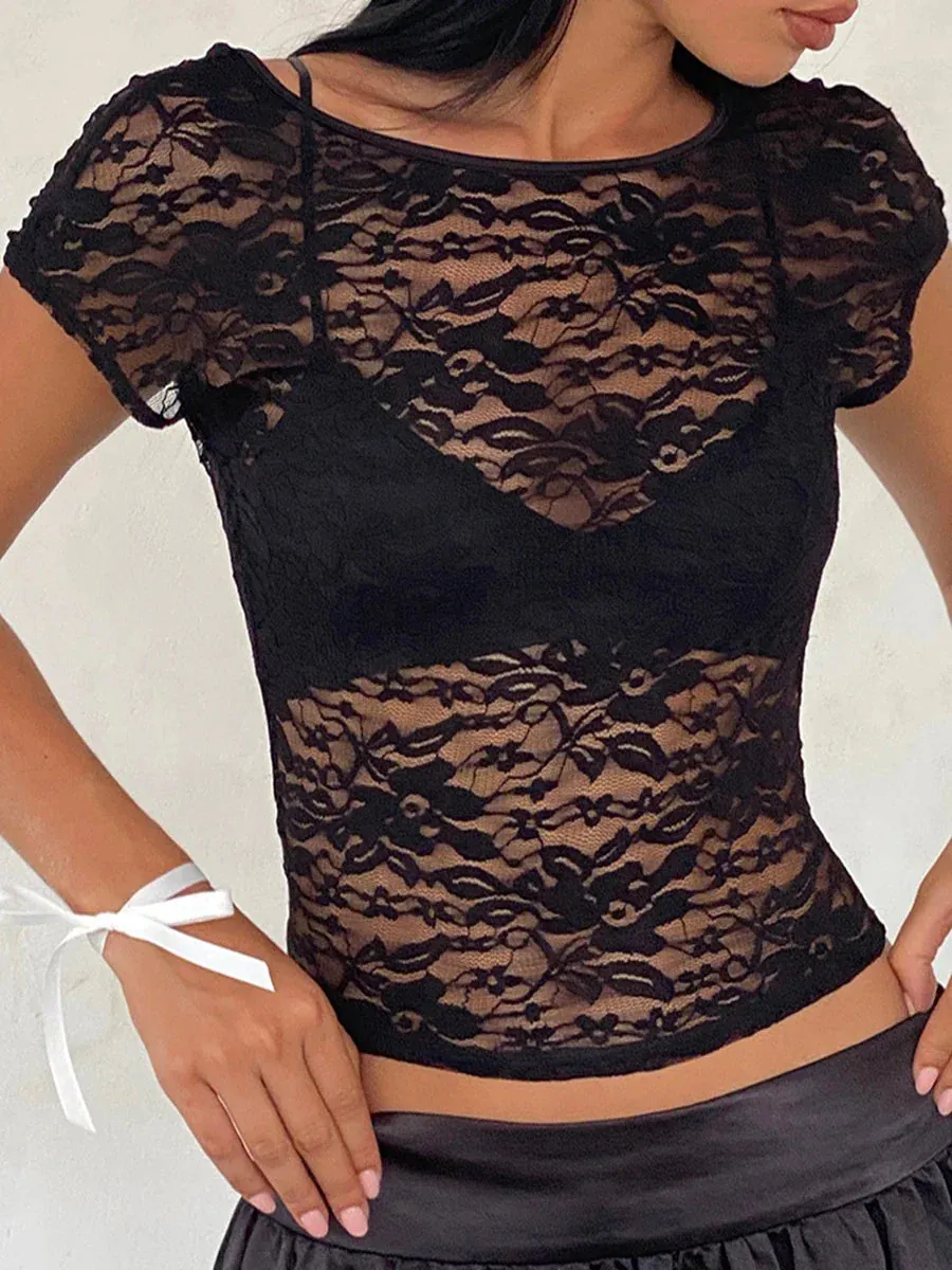 Sleeve Crop Top Y2K Floral Lace Backless Sheer Mesh Short T-shirt