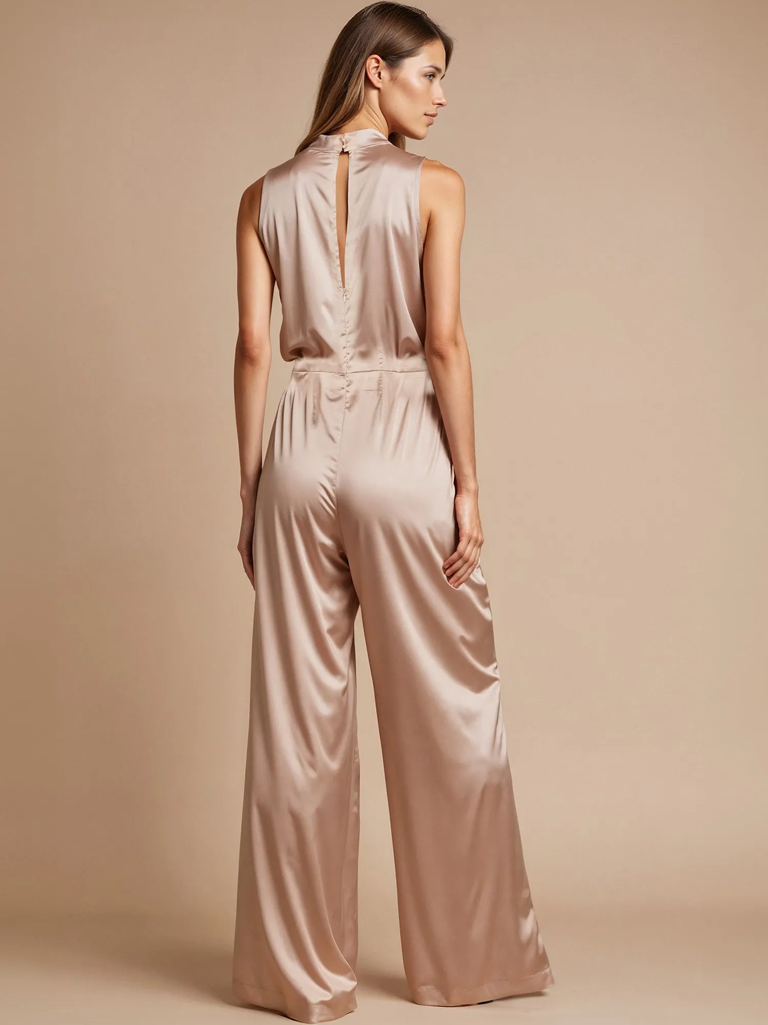 Sleeveless Neck Band Tie Detail Satin Jumpsuit