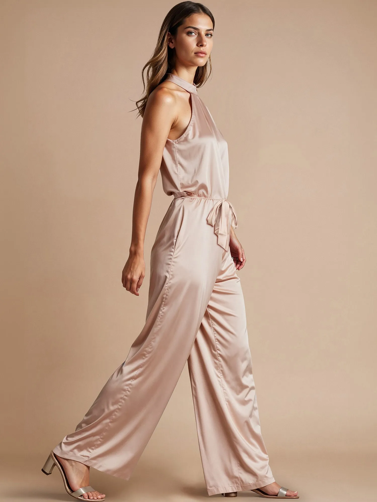 Sleeveless Neck Band Tie Detail Satin Jumpsuit