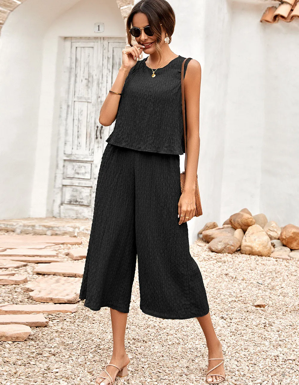 Solid-color Round Neck Loose Sleeveless Jumpsuit Sets