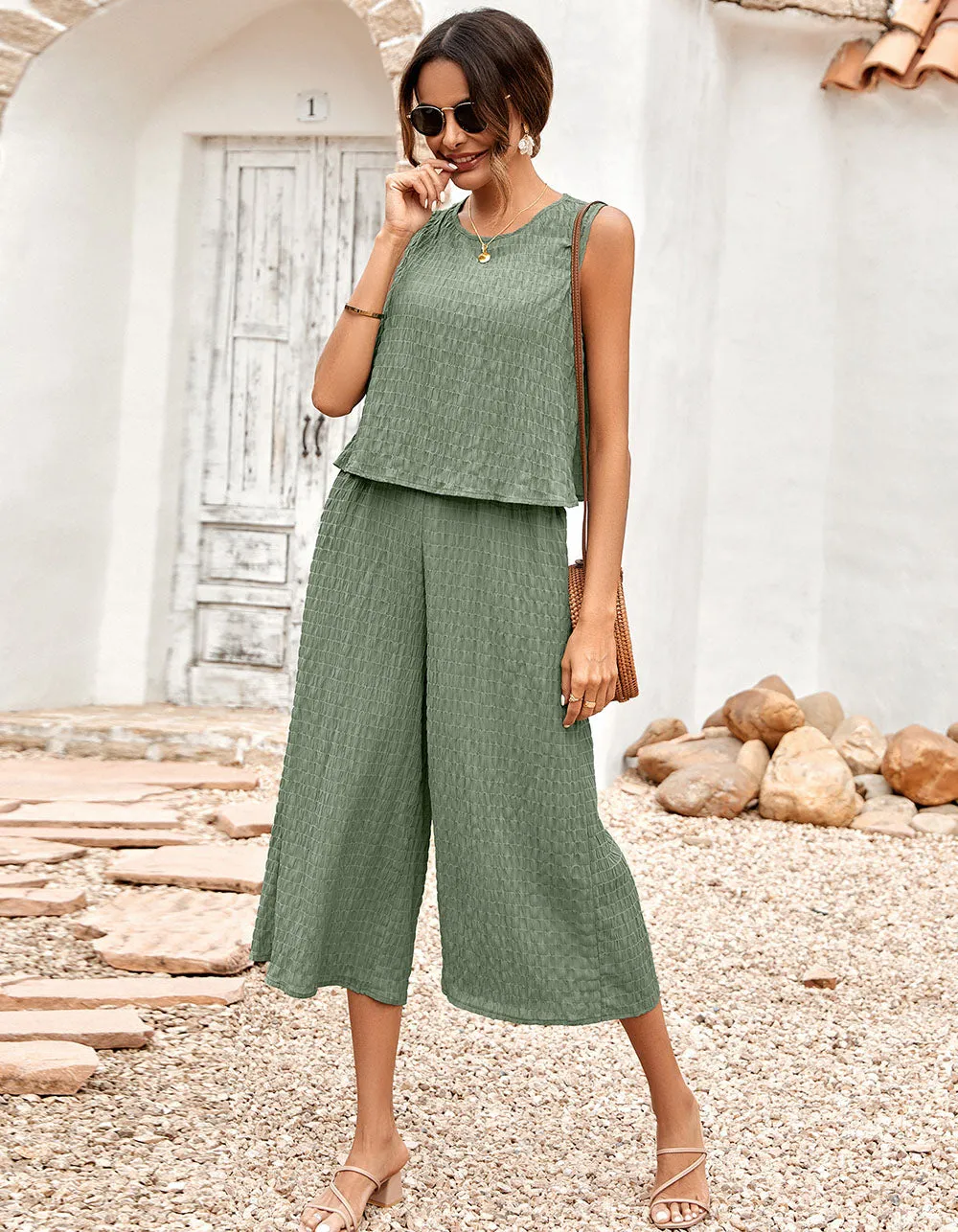 Solid-color Round Neck Loose Sleeveless Jumpsuit Sets