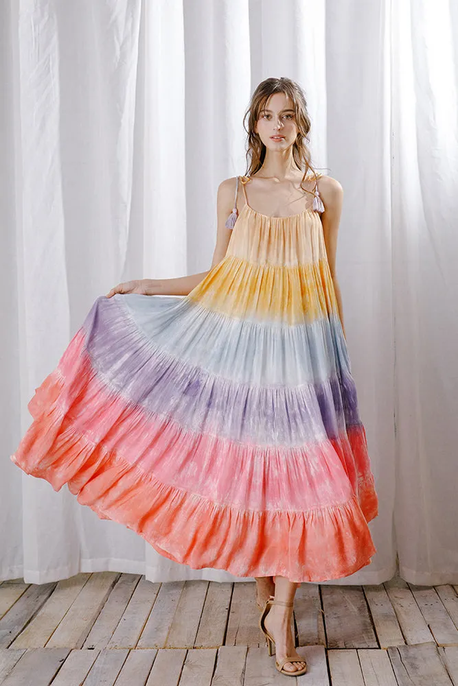 Storia Rainbow Tie-dye Color Block Maxi Dress Warm Bright