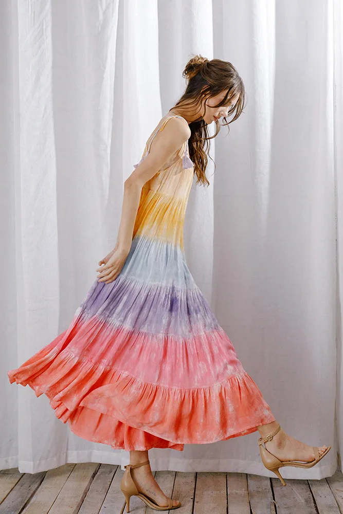 Storia Rainbow Tie-dye Color Block Maxi Dress Warm Bright