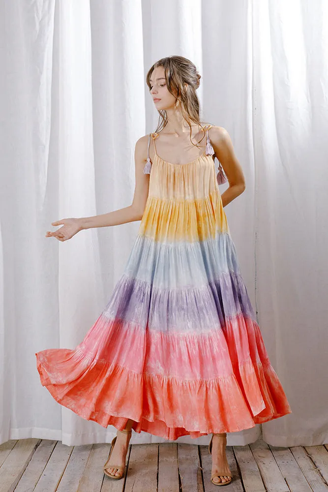 Storia Rainbow Tie-dye Color Block Maxi Dress Warm Bright