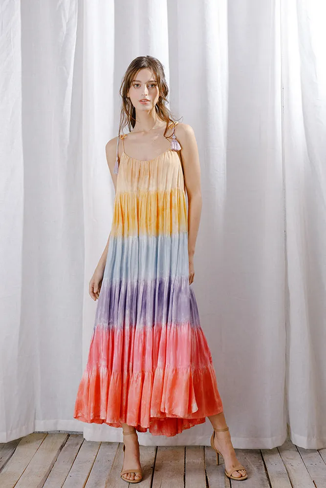 Storia Rainbow Tie-dye Color Block Maxi Dress Warm Bright