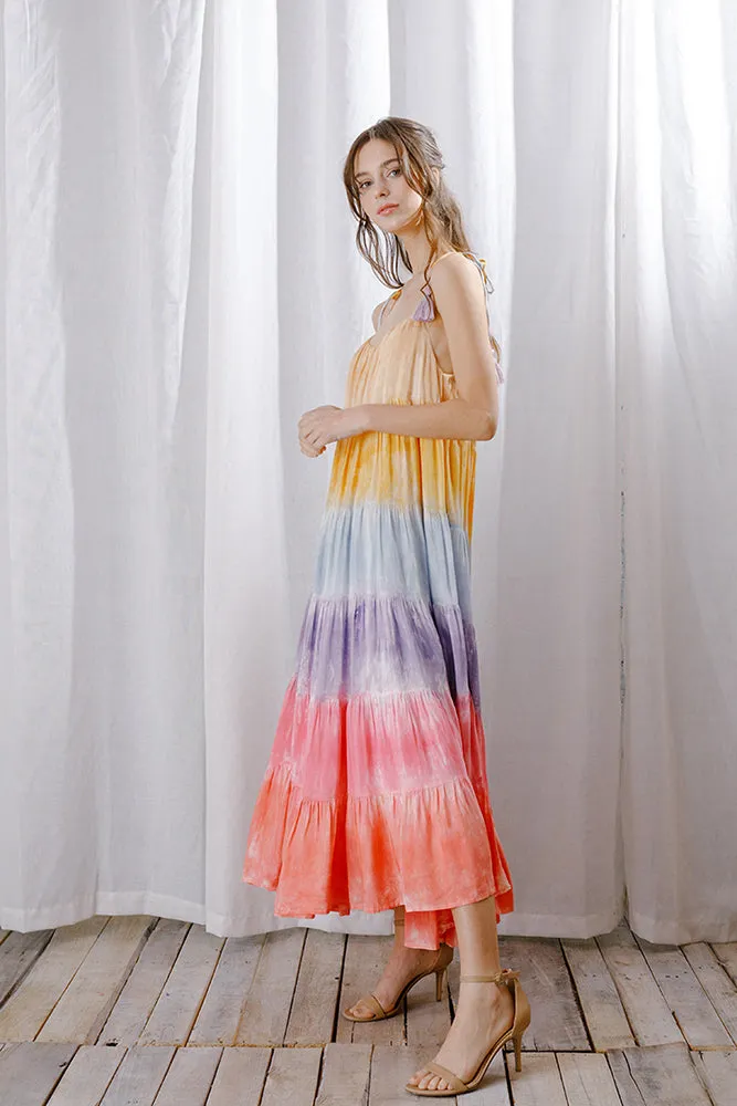 Storia Rainbow Tie-dye Color Block Maxi Dress Warm Bright