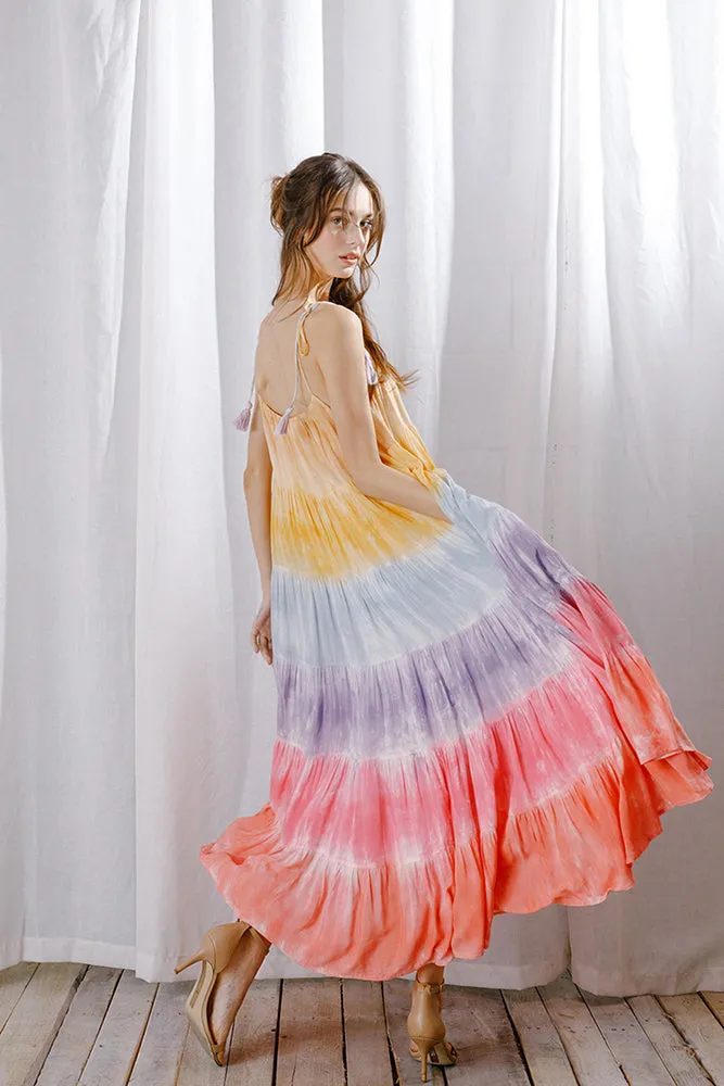 Storia Rainbow Tie-dye Color Block Maxi Dress Warm Bright