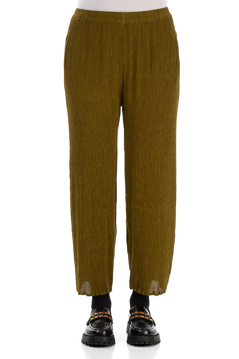 Straight Cropped Olive Silk Viscose Trousers