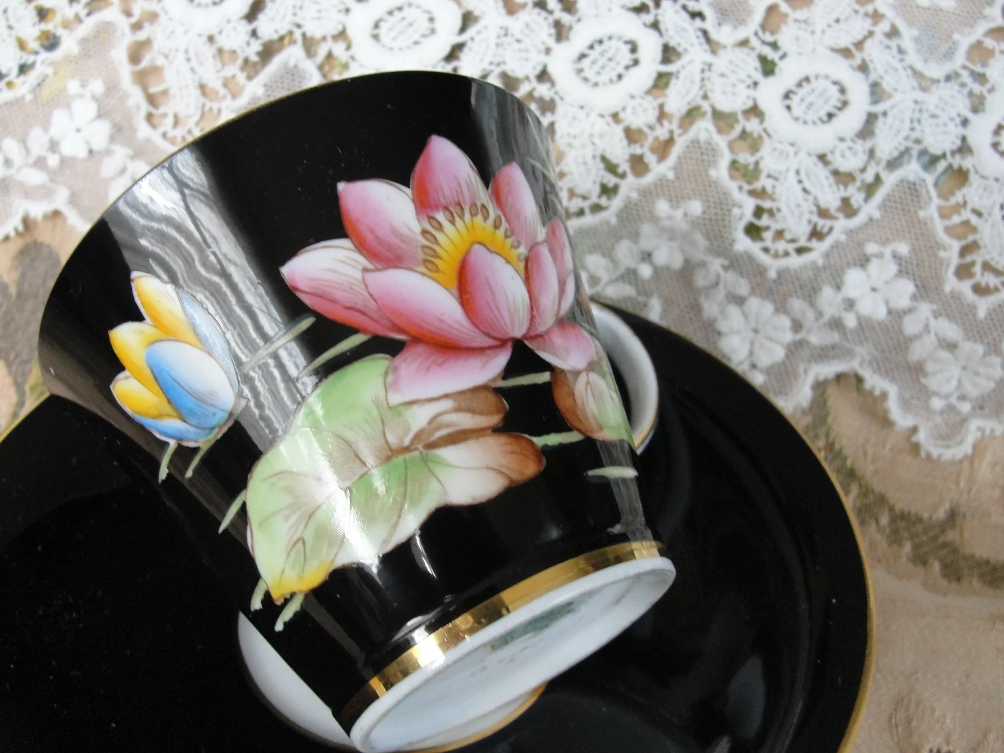 STRIKING Aynsley Teacup and Saucer,Black Cup and Saucer With Pink and Blue Yellow Flowers,Art Deco Teacup,Vintage English Bone China Teacups