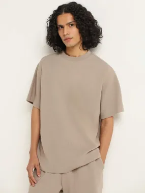 Studiofit Plain Taupe Cotton Blend Relaxed Fit T-Shirt