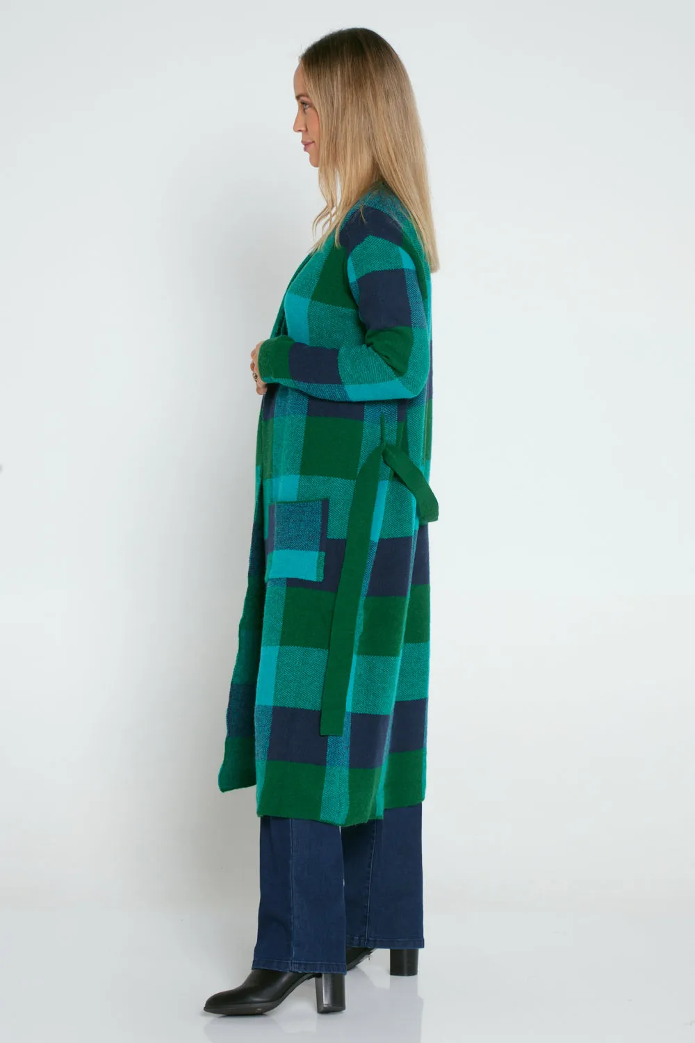 Swift Wraparound Oversized Tie Waist Cardigan - Green/Blue Check