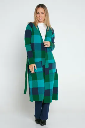 Swift Wraparound Oversized Tie Waist Cardigan - Green/Blue Check