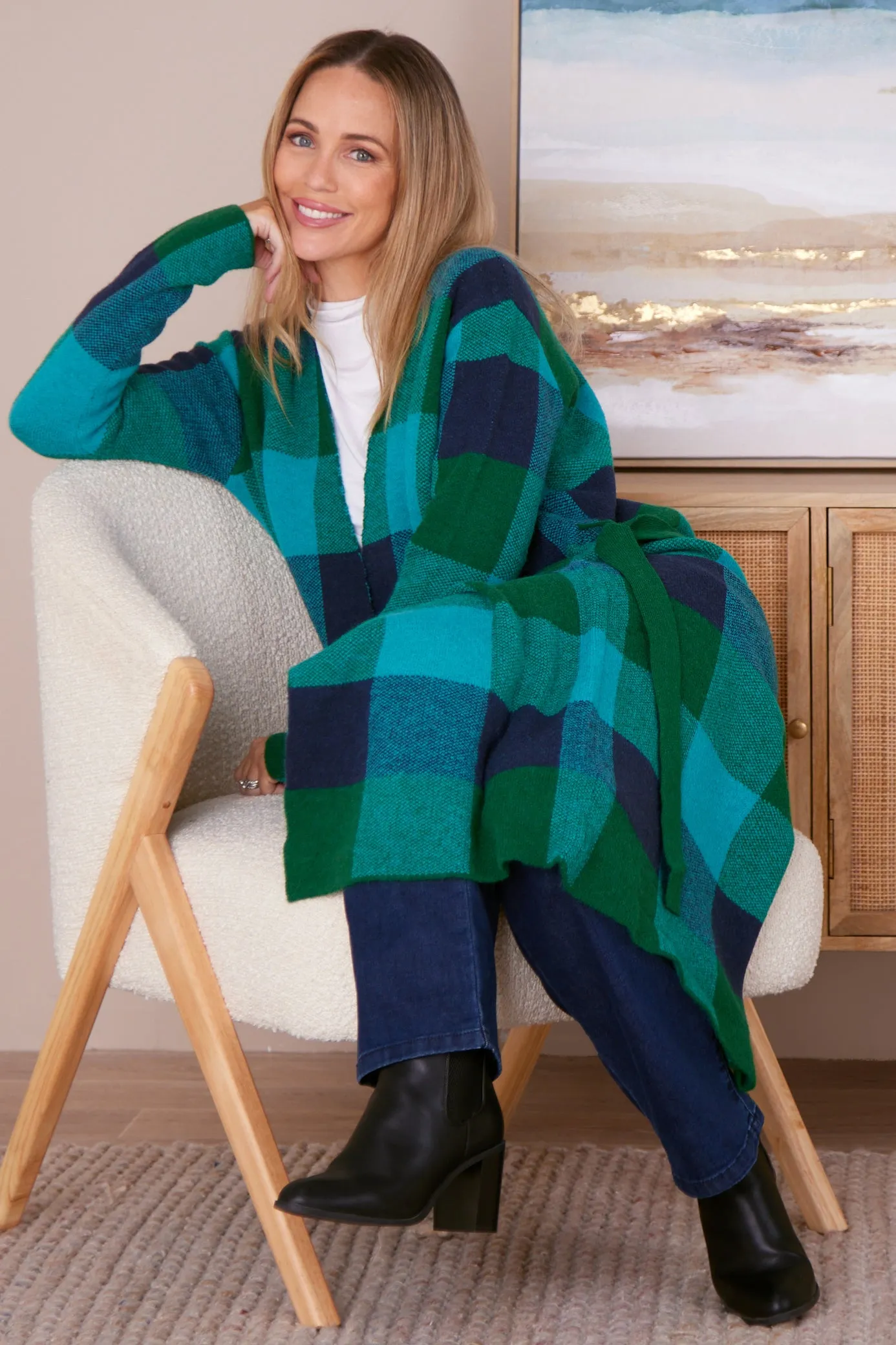 Swift Wraparound Oversized Tie Waist Cardigan - Green/Blue Check