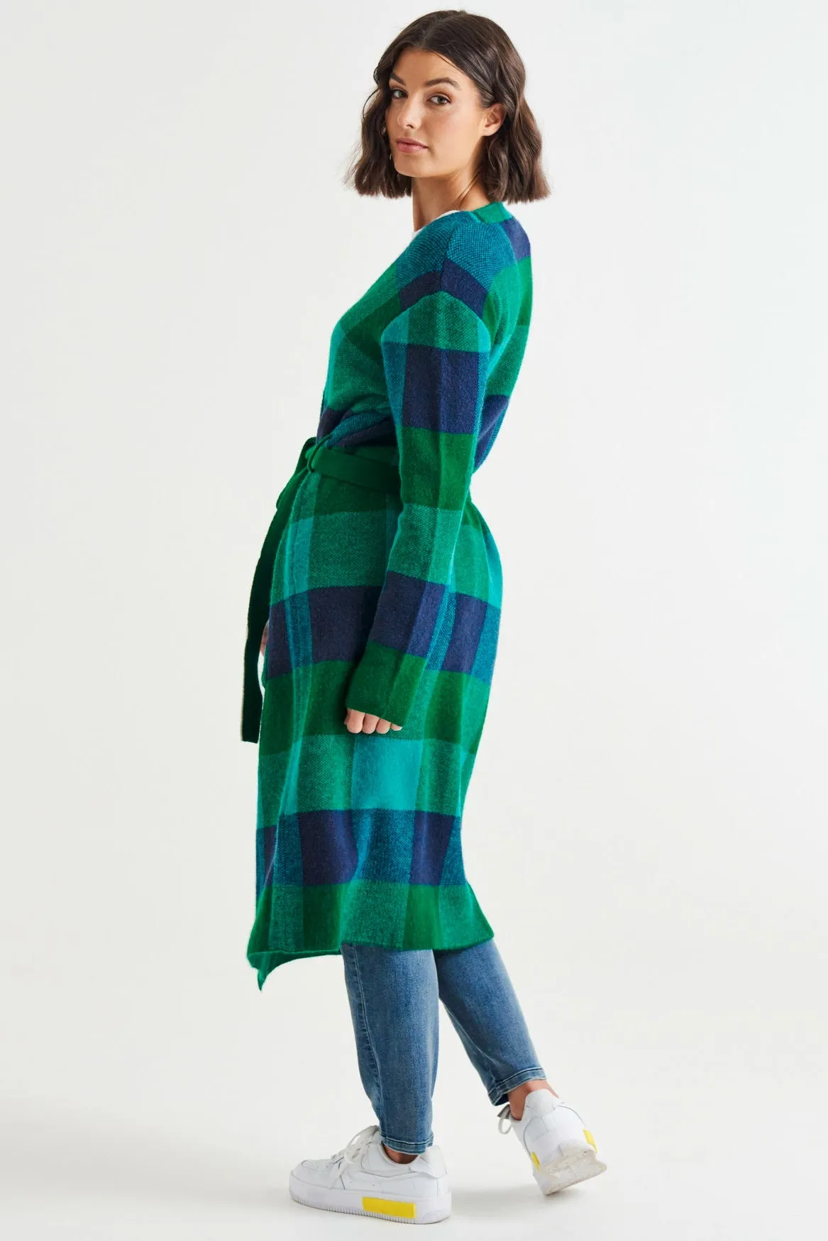 Swift Wraparound Oversized Tie Waist Cardigan - Green/Blue Check