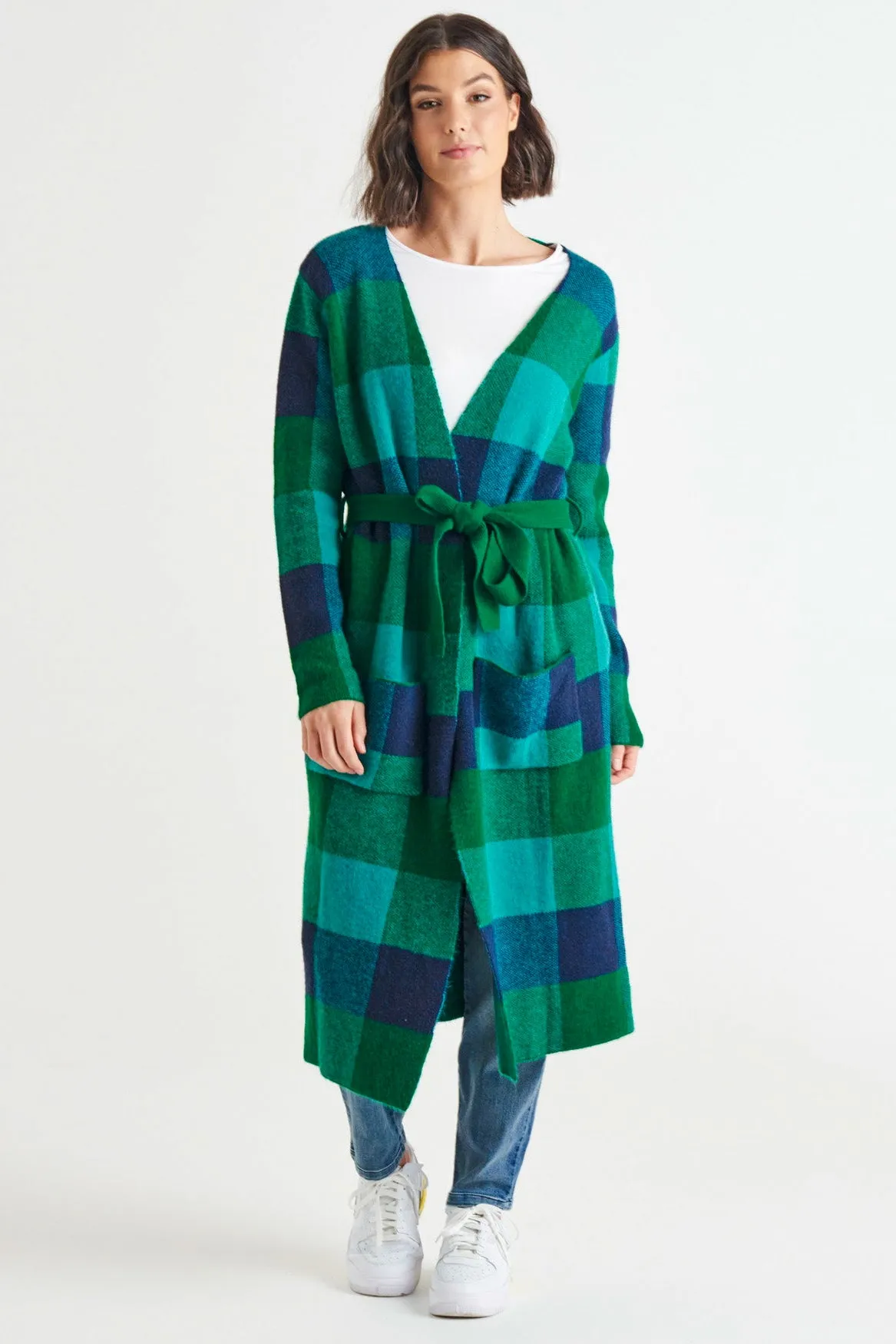 Swift Wraparound Oversized Tie Waist Cardigan - Green/Blue Check