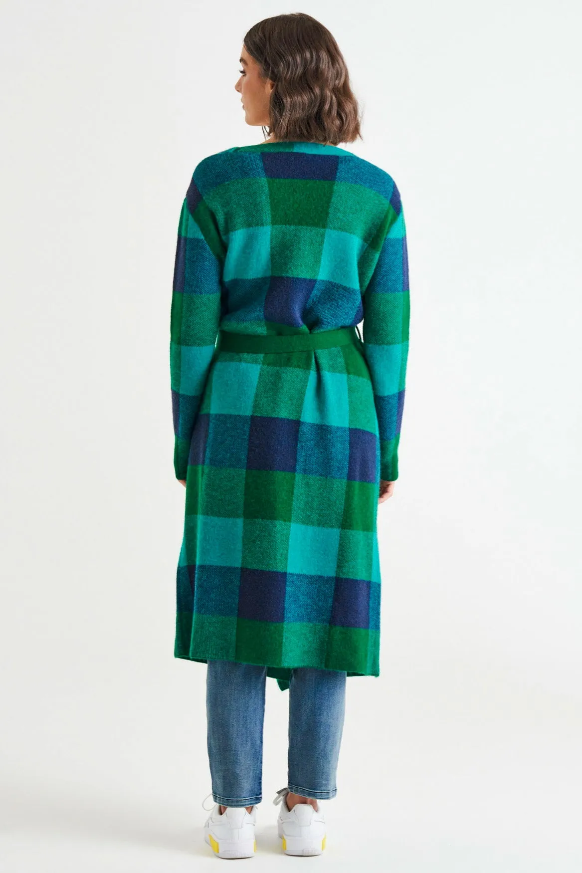 Swift Wraparound Oversized Tie Waist Cardigan - Green/Blue Check