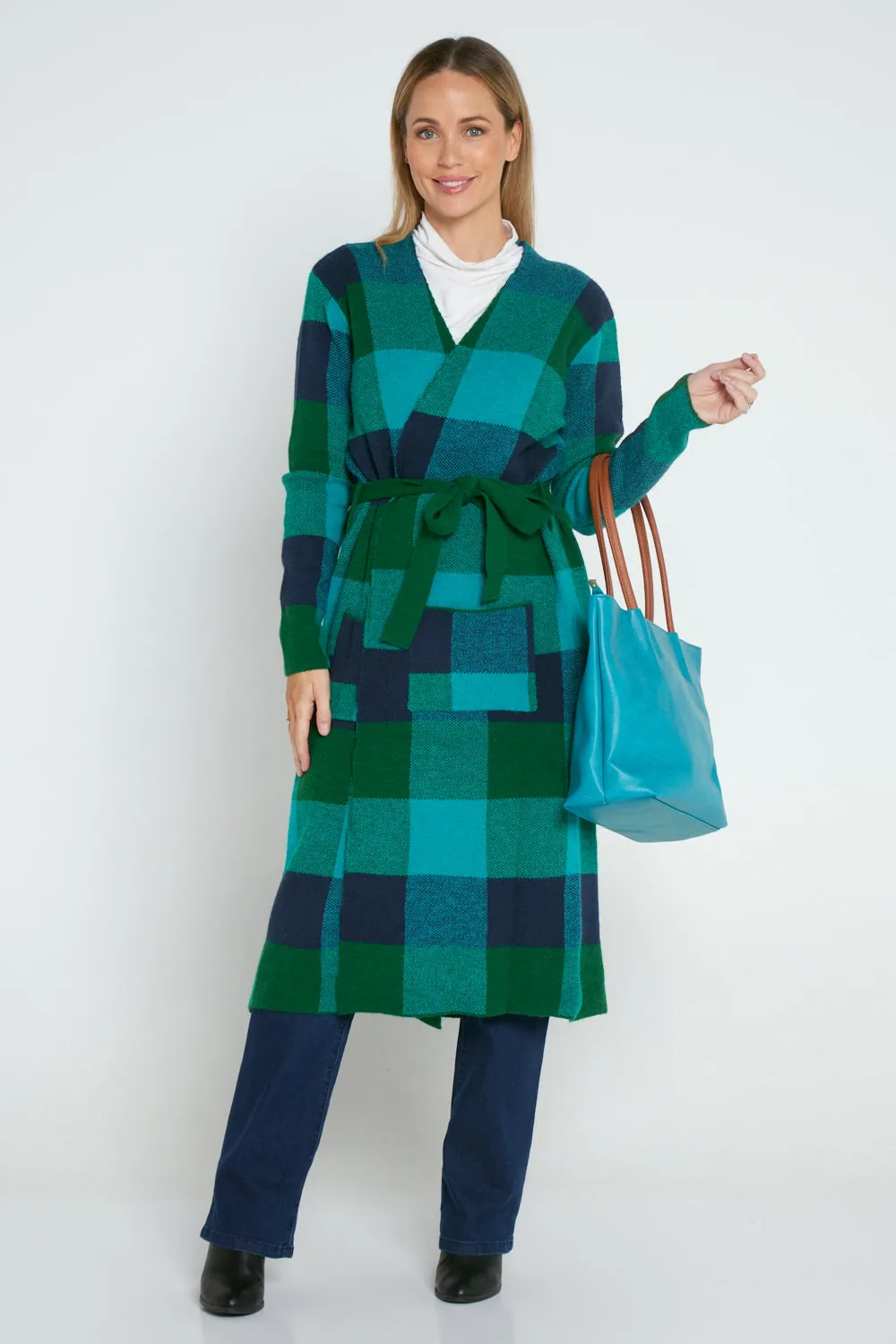 Swift Wraparound Oversized Tie Waist Cardigan - Green/Blue Check