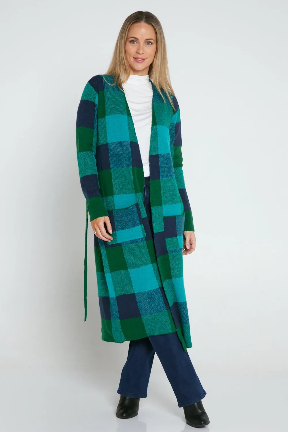 Swift Wraparound Oversized Tie Waist Cardigan - Green/Blue Check