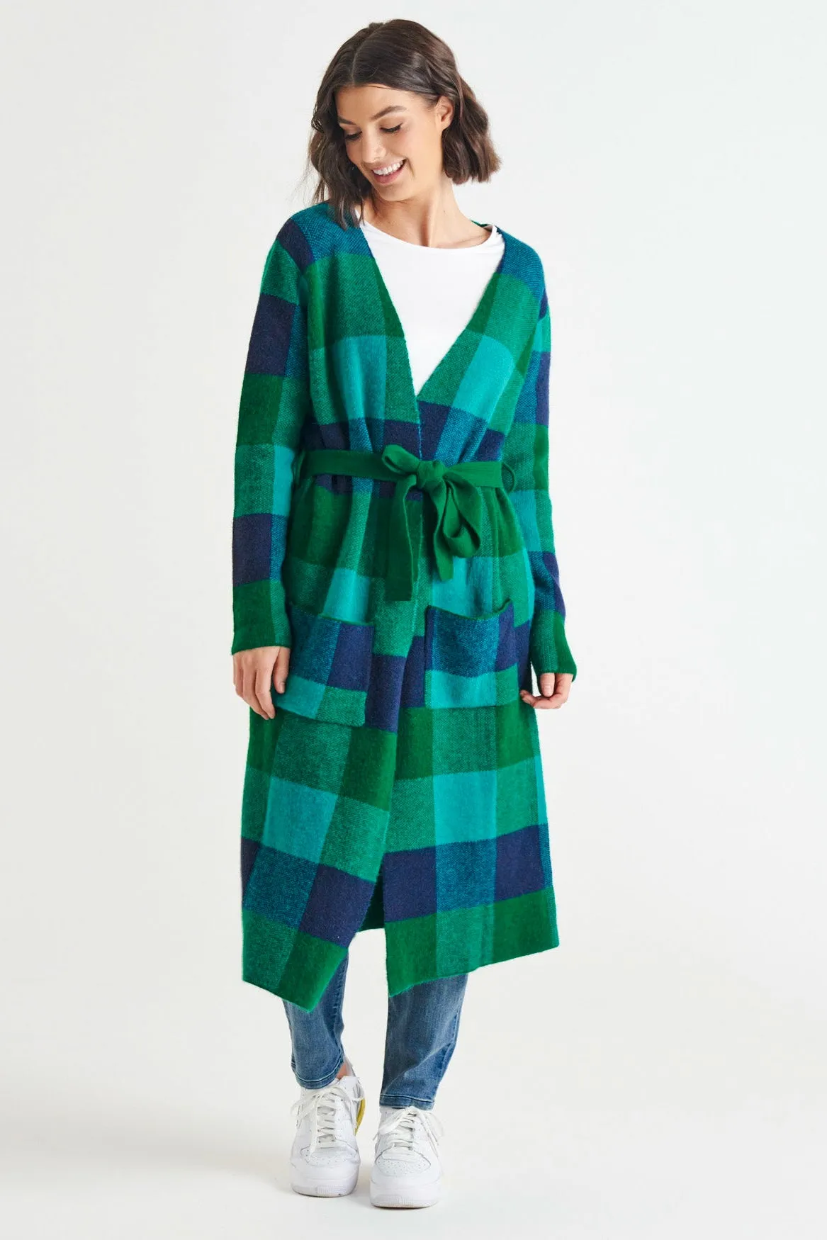 Swift Wraparound Oversized Tie Waist Cardigan - Green/Blue Check