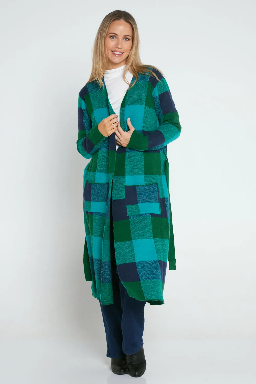 Swift Wraparound Oversized Tie Waist Cardigan - Green/Blue Check