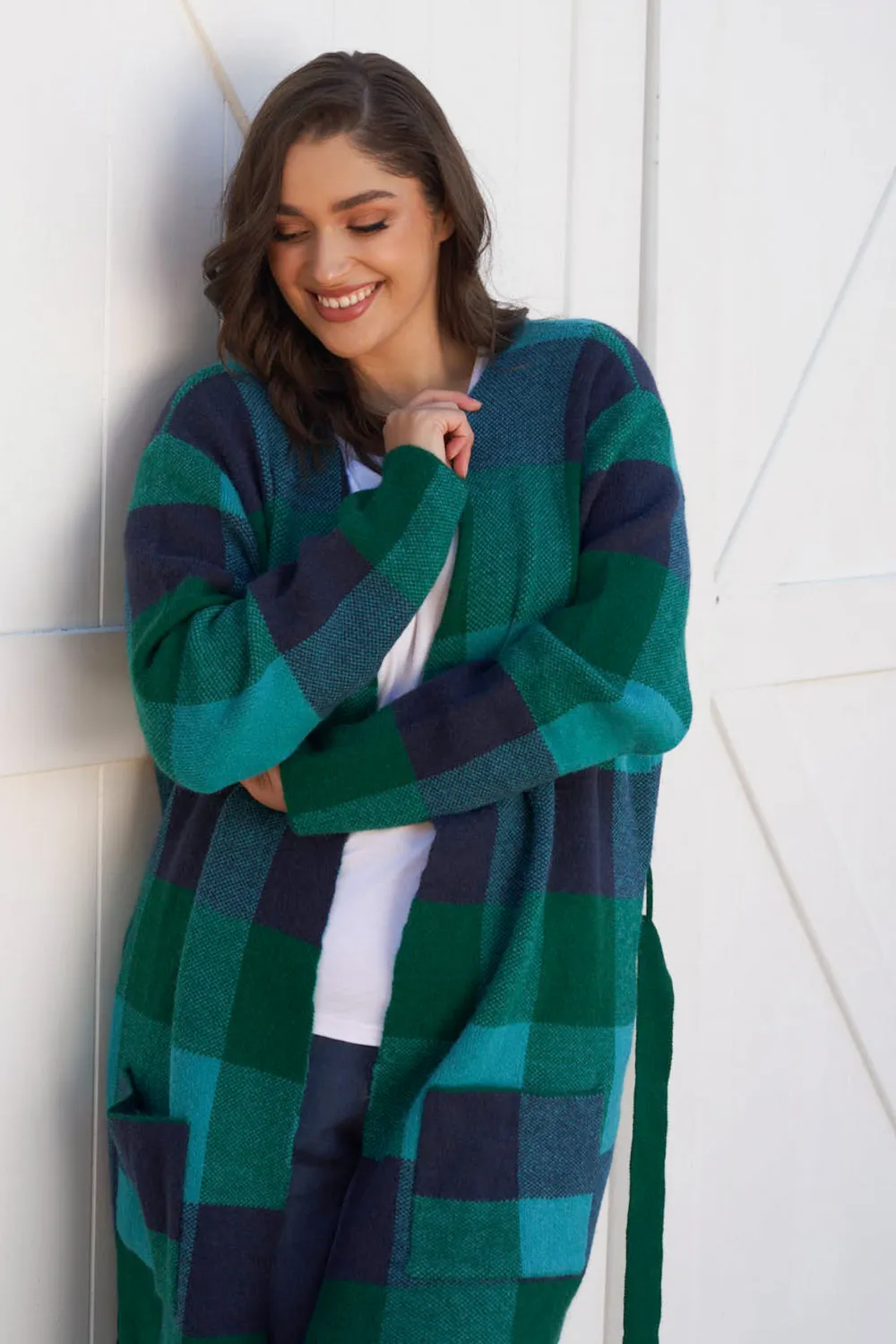 Swift Wraparound Oversized Tie Waist Cardigan - Green/Blue Check