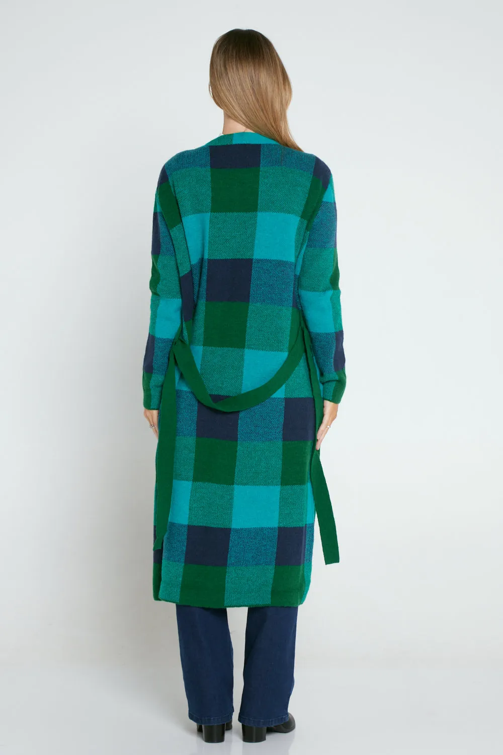 Swift Wraparound Oversized Tie Waist Cardigan - Green/Blue Check