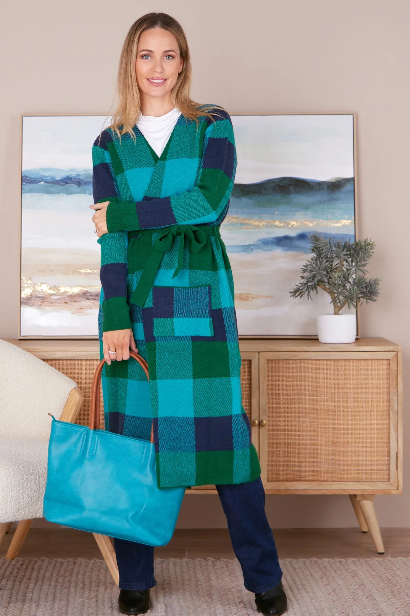 Swift Wraparound Oversized Tie Waist Cardigan - Green/Blue Check