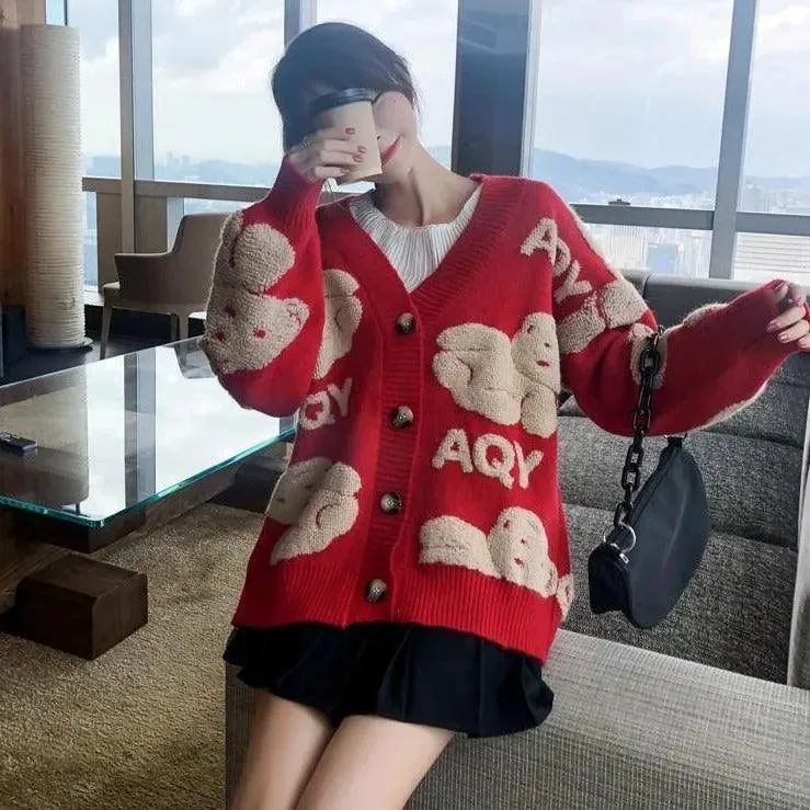 Teddy Bear Fluffy V-neck Knitted Women's Cardigan: Casual Fleece Cute Girls Cardigan Geek Chic