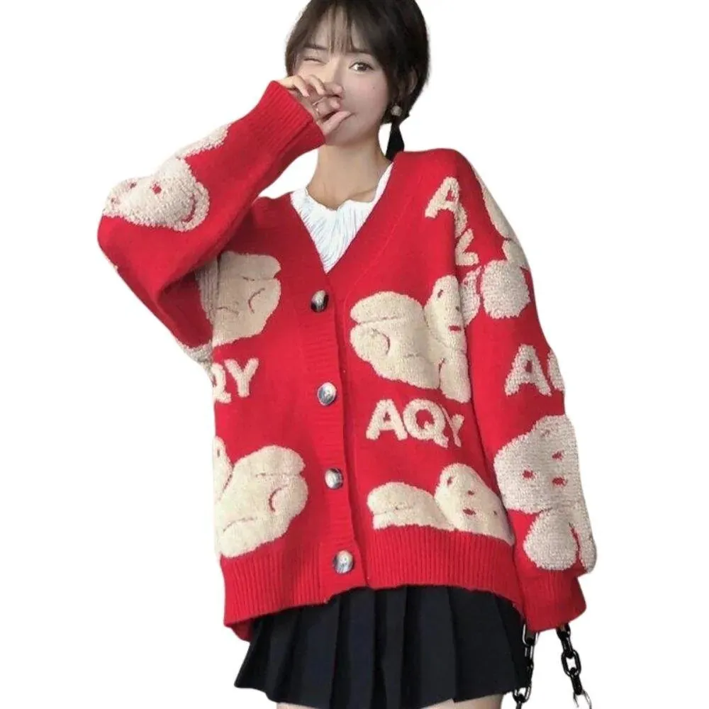 Teddy Bear Fluffy V-neck Knitted Women's Cardigan: Casual Fleece Cute Girls Cardigan Geek Chic