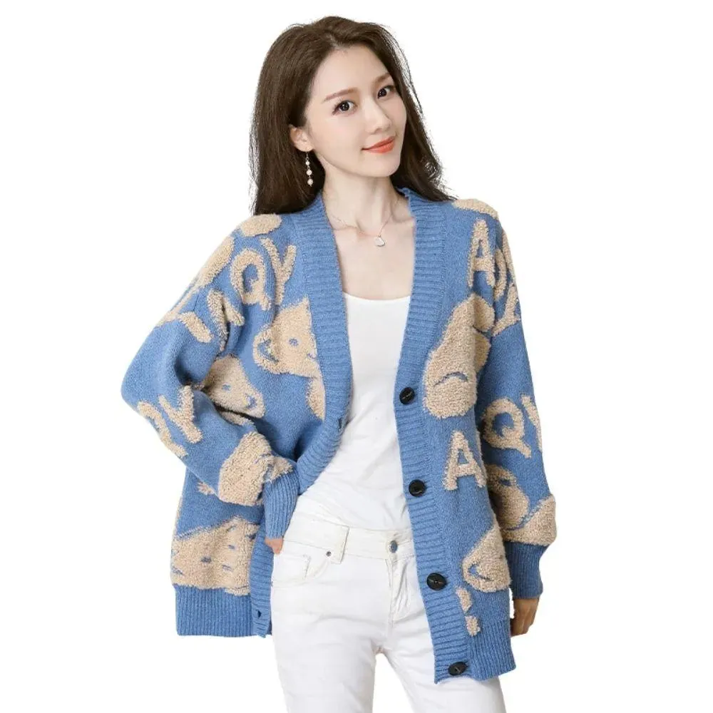 Teddy Bear Fluffy V-neck Knitted Women's Cardigan: Casual Fleece Cute Girls Cardigan Geek Chic