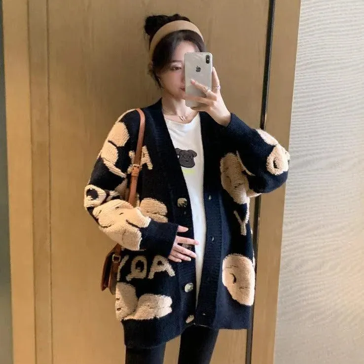 Teddy Bear Fluffy V-neck Knitted Women's Cardigan: Casual Fleece Cute Girls Cardigan Geek Chic